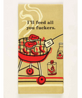 Product page with a towel featuring graphic text and design on a website.