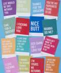 Collection of colorful cards with various intimate text phrases on a blue background