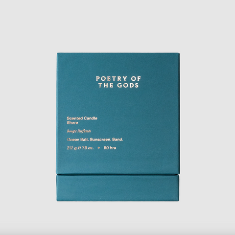 Blue box with 'Poetry of the Gods' branding on a light gray background