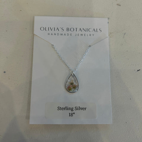 Silver Teardrop Necklace | Pink Flower