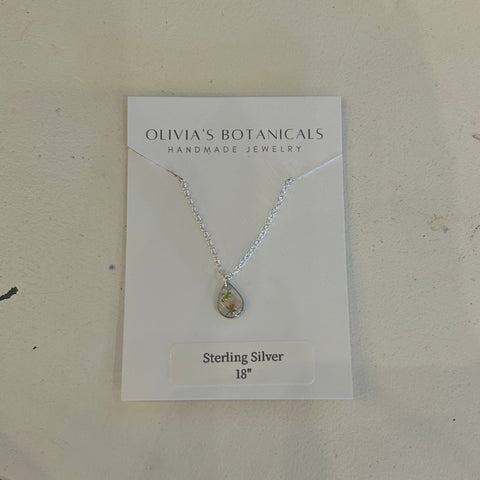 Silver Teardrop Necklace | Pink Flower with Green