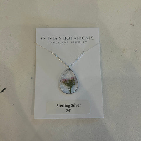 Silver Teardrop Necklace | Purple Flower with Green