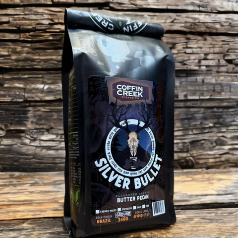 Coffin Creek Silver Bullet coffee bag on a wooden background