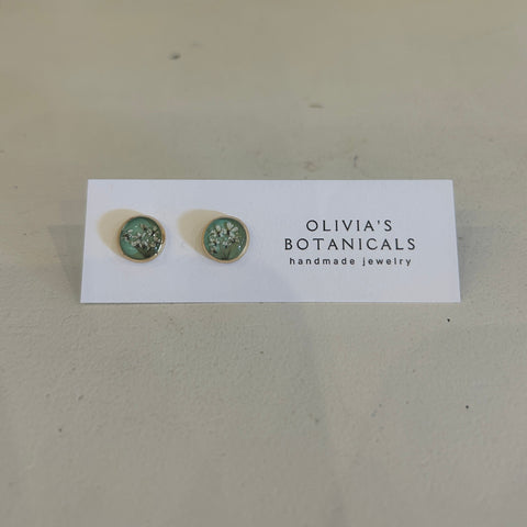 Small Gold Stud Earrings | White Flower with Mint Background
