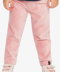 A child wearing light pink corduroy pants, a navy blue long-sleeve top, and light pink sneakers, shown from the waist down against a plain white background.