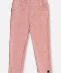 A pair of toddler's pink corduroy pants with a wide elastic waistband, displayed flat against a light gray background.