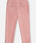 A pair of toddler's pink corduroy pants with two heart-shaped patch pockets on the back, shown against a light gray background.