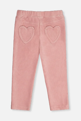A pair of toddler's pink corduroy pants with two heart-shaped patch pockets on the back, shown against a light gray background.