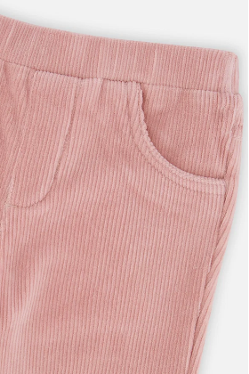 Close-up of a pair of pink corduroy pants showing the waistband, front pocket, and ribbed fabric texture on a light background.
