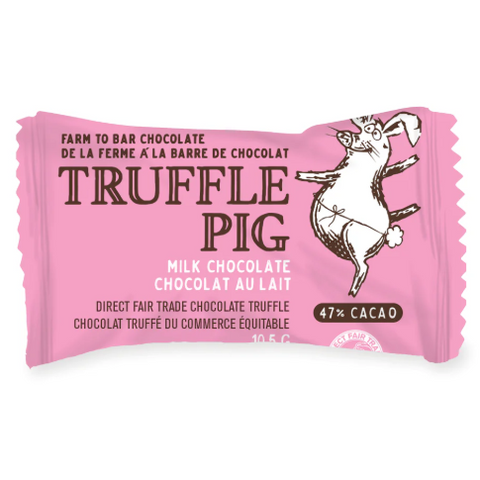 Pink chocolate bar packaging with 'Truffle Pig' branding on a white background