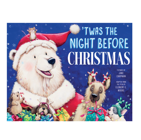 Book cover of 'Twas the Night Before Christmas with a polar bear and other animals on a blue background