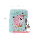 Fluffy unicorn keychain with measurements on a white background