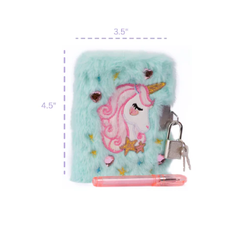 Fluffy unicorn keychain with measurements on a white background