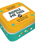 A square metal tin package for a puzzle game titled "Riddle Me This" with a yellow lid and teal side panel, shown on a plain white background.