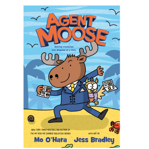Book cover of 'Agent Moose' with a cartoon moose in a suit and a child running away.