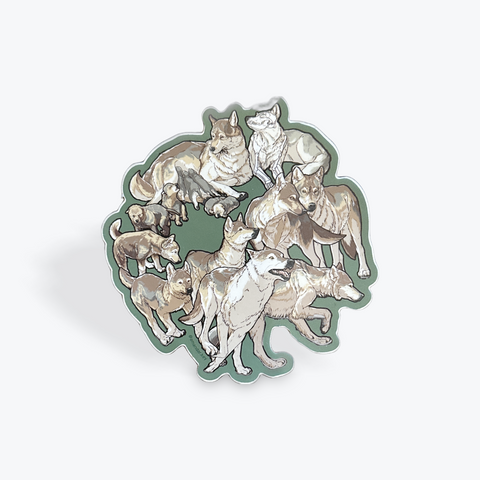 Heart-shaped sticker with illustrations of wolves on a white background