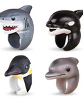 Four novelty ring-shaped shark, orca, penguin, and dolphin toys arranged in a 2x2 grid on a white background.