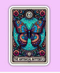 Colorful butterfly card titled 'The Antisocial Butterfly' on a purple background