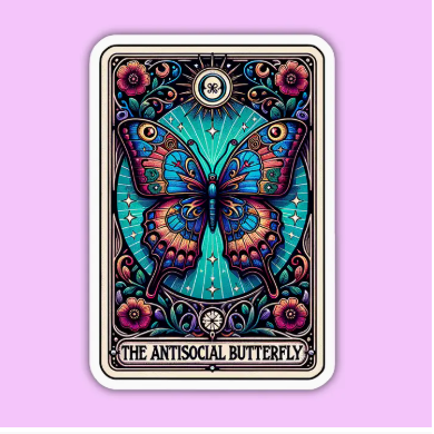 Colorful butterfly card titled 'The Antisocial Butterfly' on a purple background