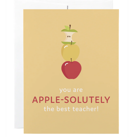 Card with apples and text 'you are APPLE-SOLUTELY the best teacher!' on a beige background