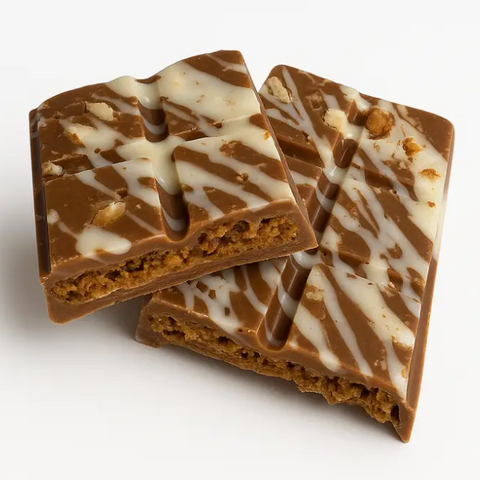 Chocolate bars with a white drizzle on a white background