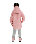 Child wearing a pink raincoat with a 'Puddle-Dry' thin liner logo on a white background
