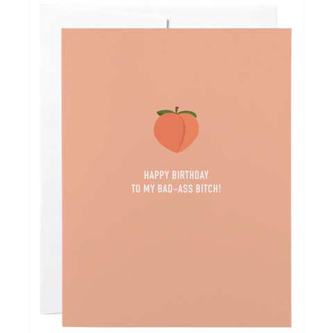 Card with peach illustration and text on a white background