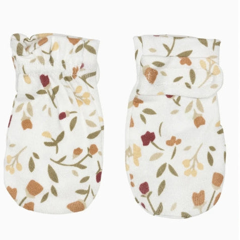 Pair of floral-patterned baby booties on a white background