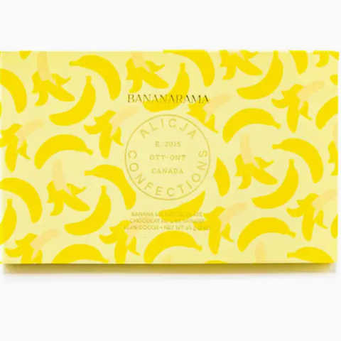 Yellow packaging with banana pattern and 'Bananarama' branding on a white background