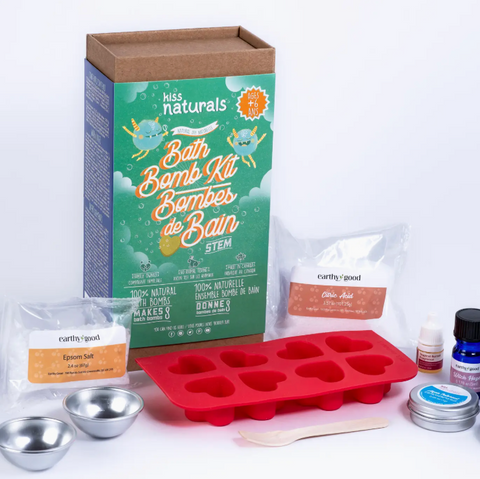 Bath Bomb Kit with packaging, ingredients, and tools on a white background