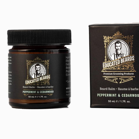Beard balm jar and packaging with 'Educated Beards' branding on a white background