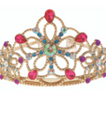 A gold-colored tiara crown with pink, blue, and green rhinestones, shown against a plain white background.
