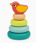 Colorful wooden stacking toy with a bird-shaped top on a white background