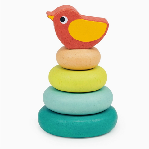 Colorful wooden stacking toy with a bird-shaped top on a white background