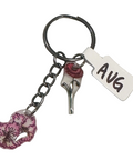 Keychain with floral design and 'AVG' tag on a light gray background