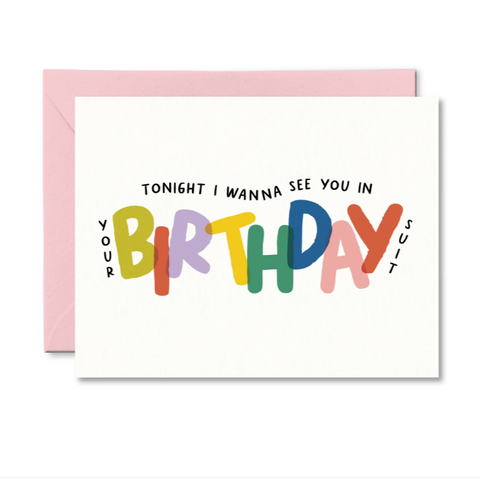 Colorful birthday card with a pink envelope on a white background