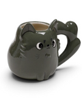 A dark gray ceramic mug shaped like a cute cartoon cat with a handle that forms the cat's tail, shown on a white background.
