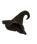 A black felt witch hat with a curved, pointed top and wide, ruffled brim, isolated on a white background.