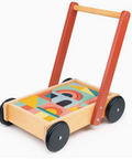 Wooden toy with geometric pattern and wheels on a white background