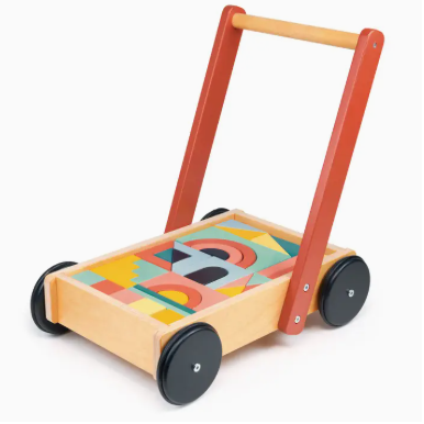 Wooden toy with geometric pattern and wheels on a white background