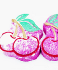Two pink glitter bath bombs shaped like cherries with green glitter leaves and gold glitter stems, shown on a white background.