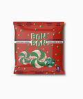 Red candy bag with green text and snake design on a white background