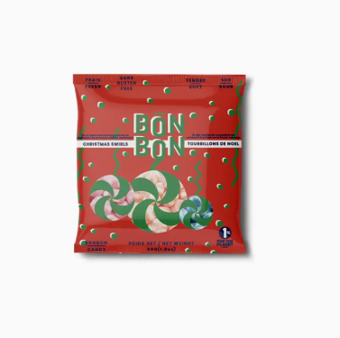 Red candy bag with green text and snake design on a white background