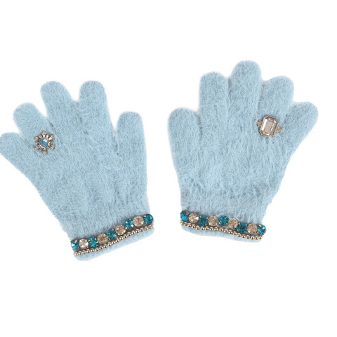 A pair of light blue fuzzy knit gloves with jeweled trim at the cuffs and decorative crystal rings on the backs of the hands, displayed against a solid white background.
