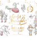 A festive illustrated advent calendar page for Great Pretenders Build-A-Bot, showing numbered boxes arranged in a grid with whimsical robot and construction-themed drawings on a white background.