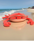 Plush crab toy on a sandy beach with ocean waves in the background