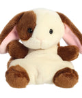 Plush toy rabbit with brown and beige fur on a white background