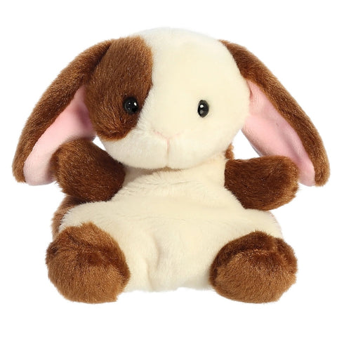 Plush toy rabbit with brown and beige fur on a white background