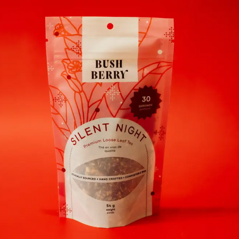 Tea package labeled 'Silent Night' by 'Bush Berry' on a red background