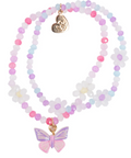 A double-strand beaded necklace featuring pastel pink, purple, and blue beads, white flower charms, a gold heart charm, and a pink and purple butterfly pendant.